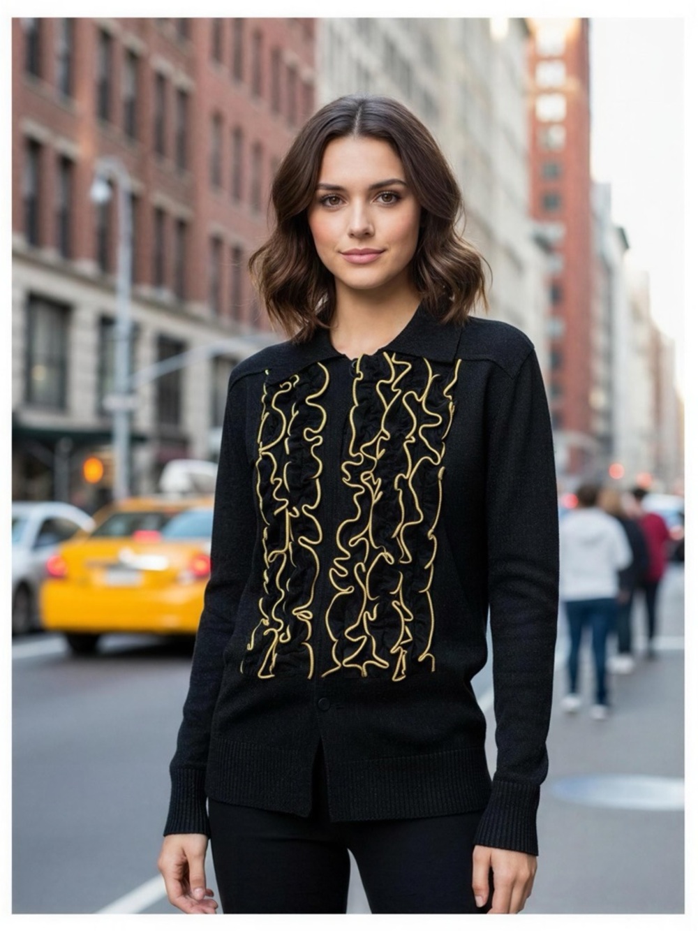 Domingo Marquez Black Blouse with Gold Ruffle Front